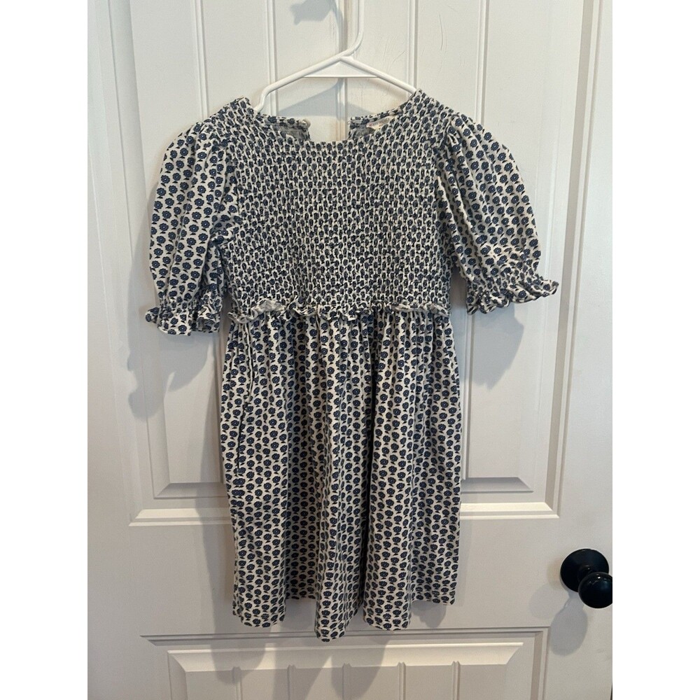 Crewcuts by J.Crew Girls Size 8 Blue Floral Smocked Cotton Dress Puff Sleeve